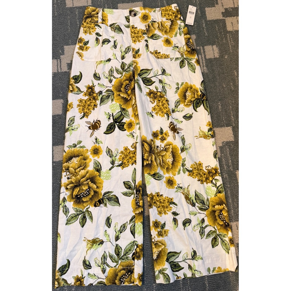 Maeve Anthropologie The Colette Wide Leg Floral Bee Print Linen Blend Pants 25